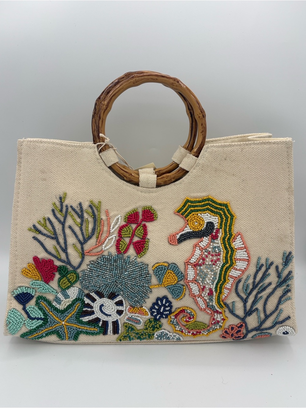 Sol and Mer Beaded Seahorse Canvas Tote with Bamboo Handles - Natural - Picture 1 of 12